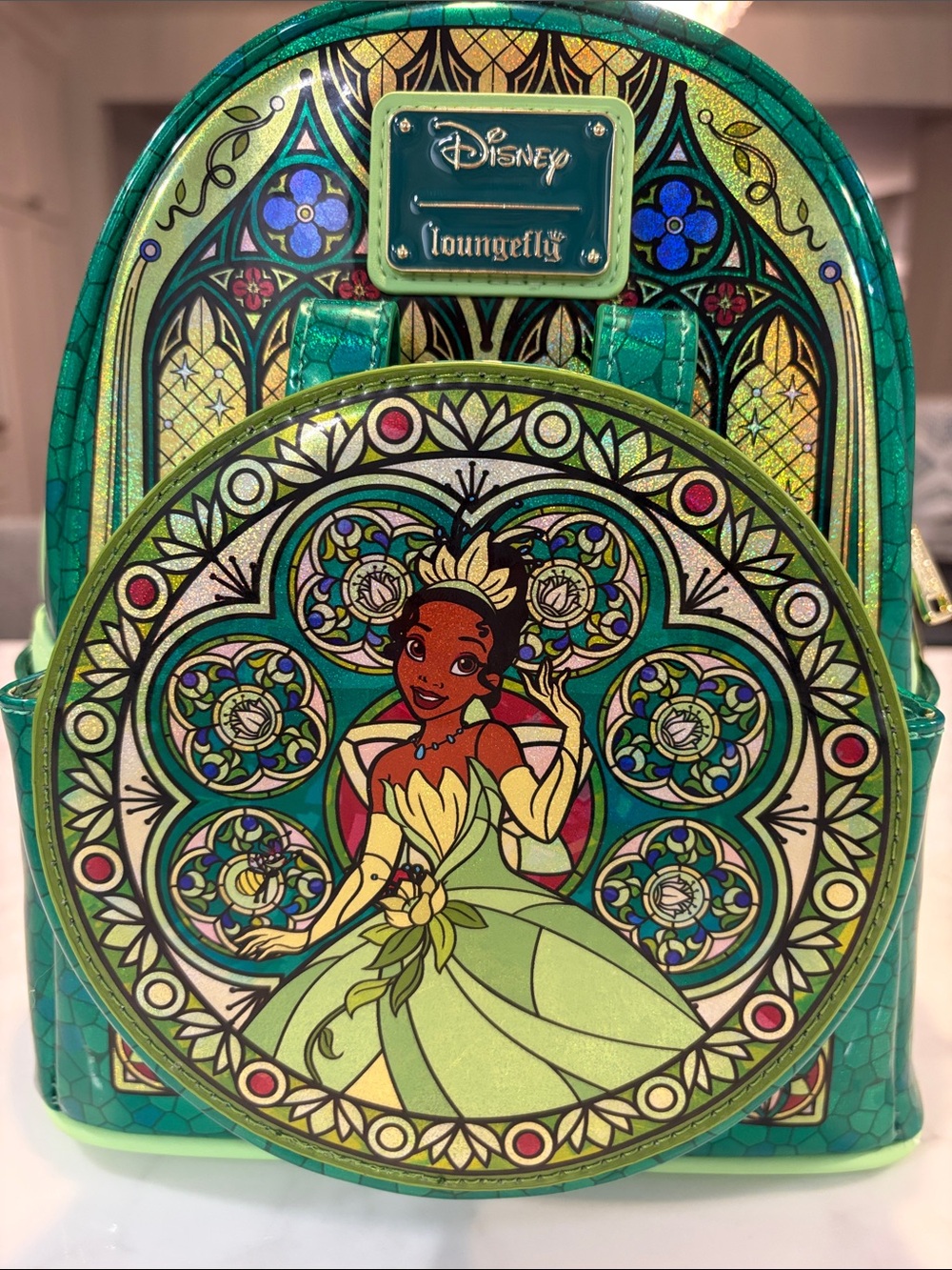 Loungefly Green Stained-Glass Princess Tiana Mini Backpack - Picture 11 of 13